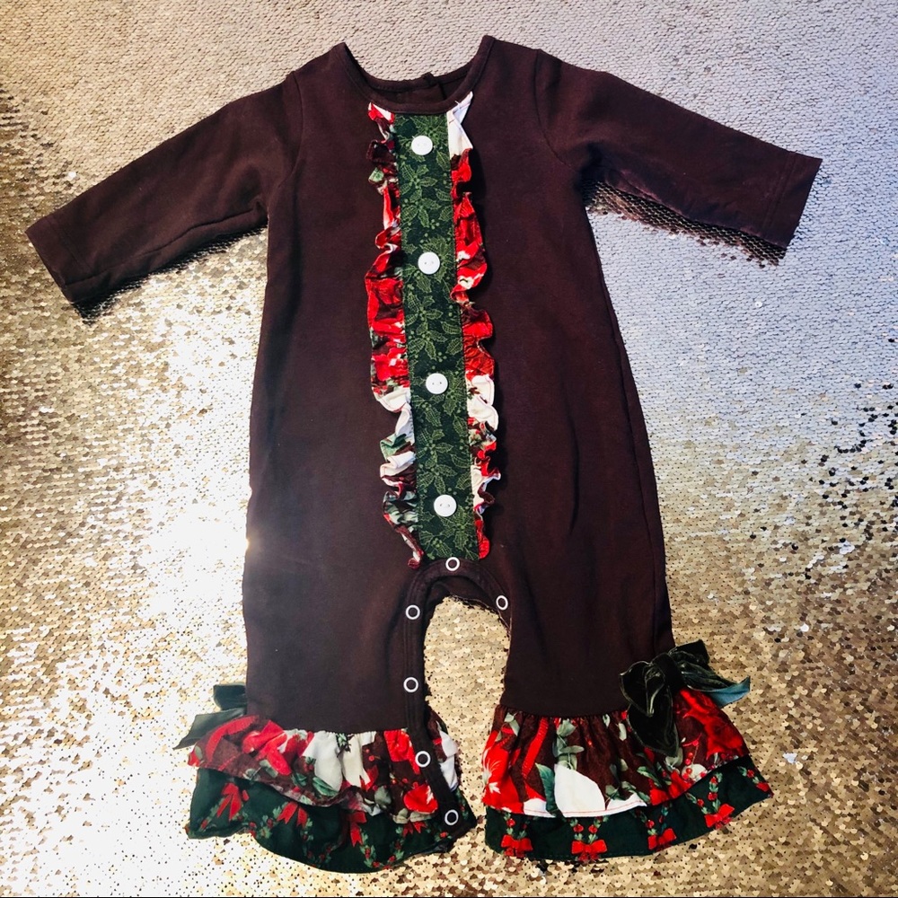 RICRAC & RUFFLES Chocolate Brown & Holly Romper